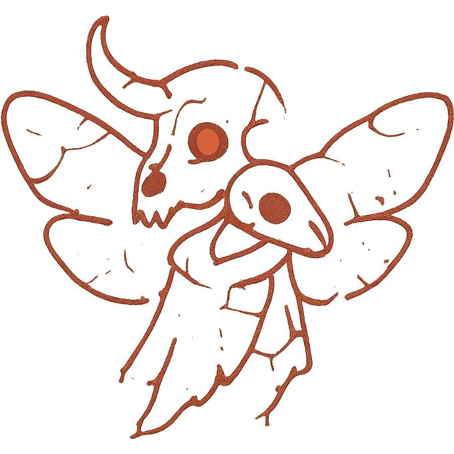 maximum deterioration: a barely-there red line drawing of hybrid creature with minotaur skull with a broken horn and one glowing red eye, stoat skull with a cape, and moth wings, with most of the perimeter completely missing, extreme fragmentation, massive gaps, severely eroded to near non-existence, only the faintest suggestion of the creature remains, like ancient damaged artifact at final stage of decay emoji