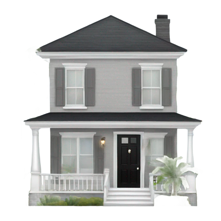 Grey 2 story house white trim black front door and palm trees emoji
