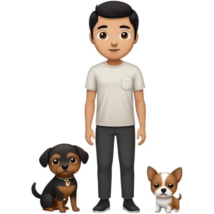 Mexican man with black hair and brown eyes wearing a shirt and black pants, holding a small white dog with one brown ear emoji