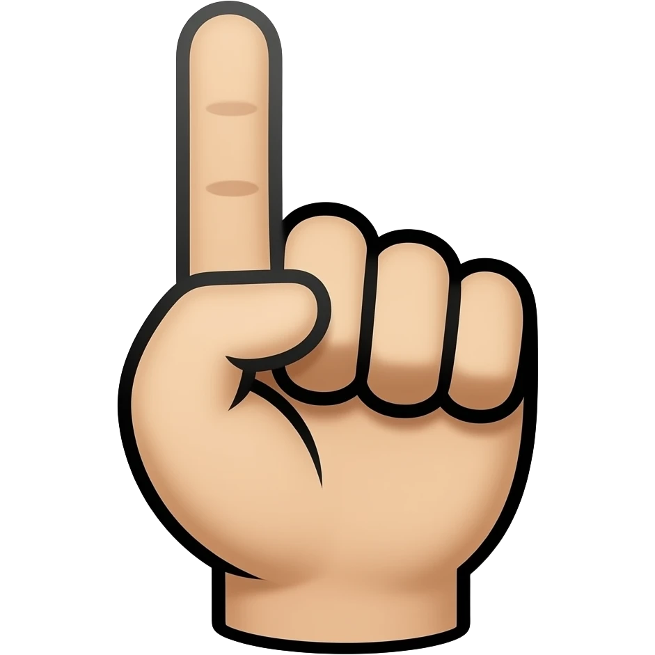 “light skin hand, index finger up, other fingers folded, thumb curved, flat emoji style, black outline, soft shading, simple vector, front view, no background” emoji