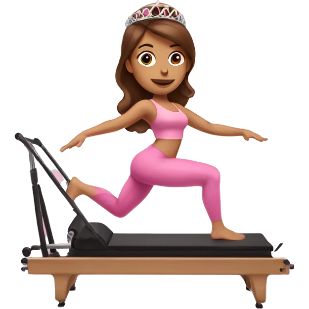 Latina girl with brown hair doing Pilates on reformer with pink tiara emoji