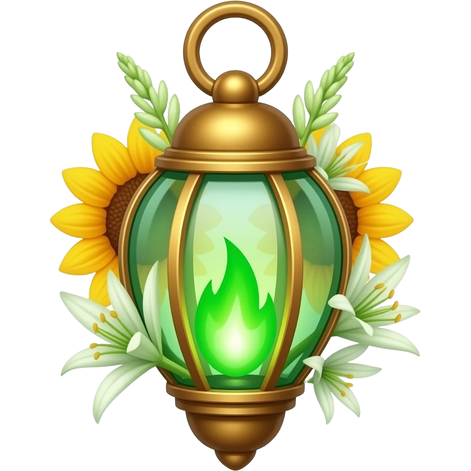 A golden hanging lantern with a bright emerald flames, an empty loop on top, sunflower & asphodel wrapping it, focus more on the green flames, paint the glass more green, have its bottom point come to some sort of point emoji