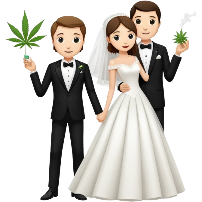 A bride in white wedding dress and groom in tuxedo, full body, sharing cannabis, wedding couple, different pose emoji