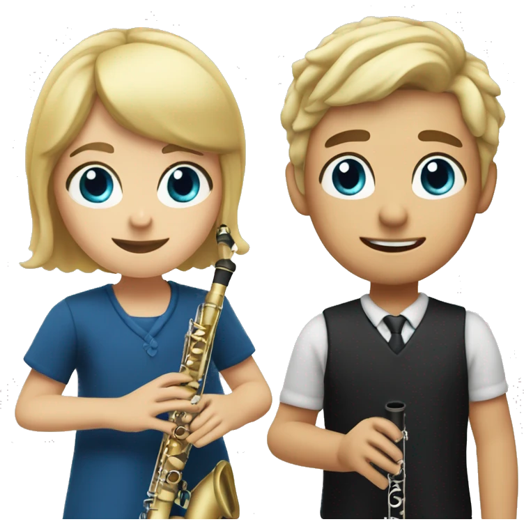 A boy with shorter blonde hair and blue eyes and a girl with black shoulder length hair both playing the clarinet emoji