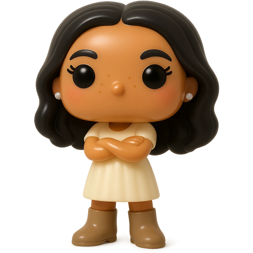 Enhance the Funko Pop style vinyl figure with superior quality, luminous smooth tanned skin, detailed dark hair, textured feminine cream dress, small pearly earrings, greige leather boots clearly visible, arms crossed, rosy cheeks, very discreet freckles, eyelashes, mischievous and cheerful expression, no mouth, transparent background. emoji