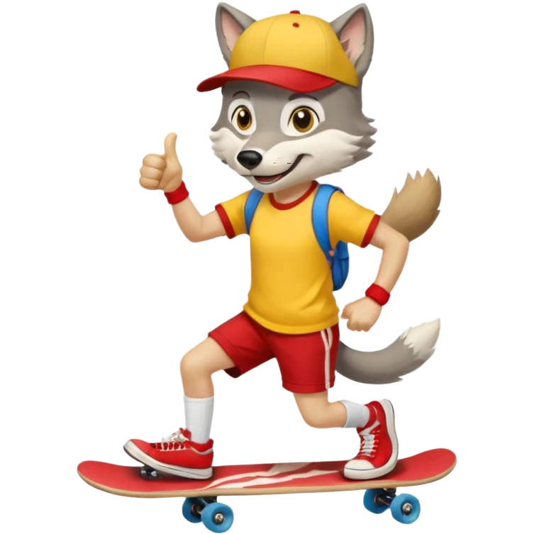 A gray wolf with large, expressive eyes and a friendly smile. The gray wolf is wearing a bright yellow T-shirt, red shorts, white knee socks, and sneakers. The baseball cap is worn backwards. The wolf holds a skateboard in one hand and gives a thumbs-up with the other, a confident and cheerful pose. emoji