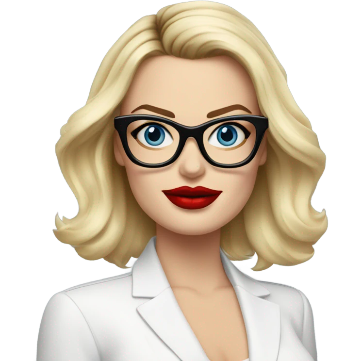 margot robbie, blue eyes, wearing black glasses and red lips  emoji
