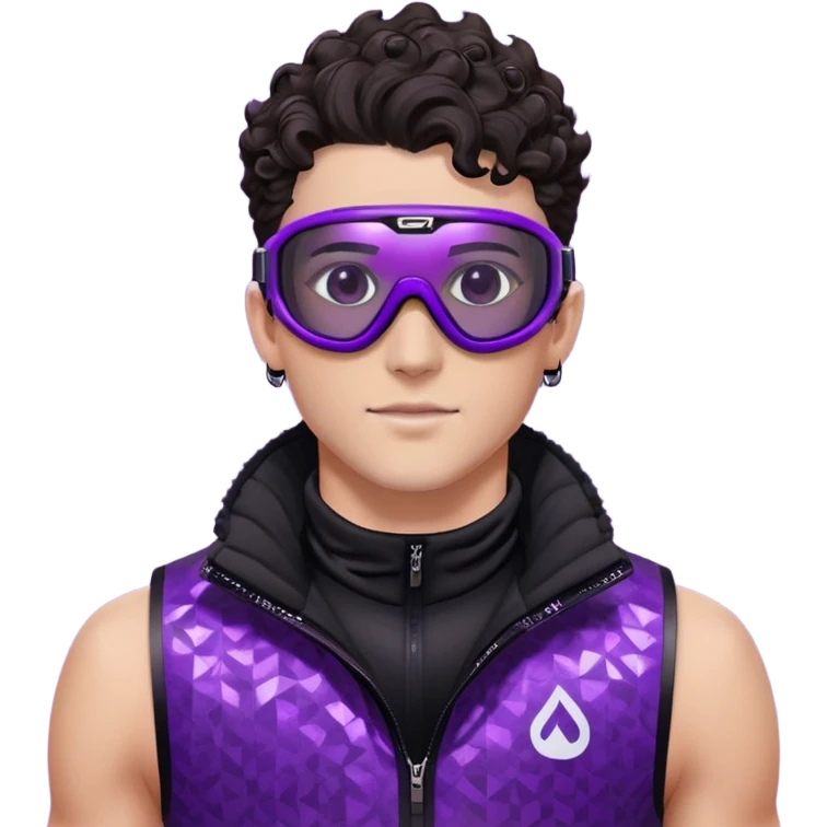close-up of male athlete with white skin and moderately curly dark brown hair on top with shaved sides, wearing ski goggles with purple frames and very dark black lenses, a simple plain black chain necklace, and a completely unzipped sleeveless vest with purple and black sequin fire pattern design with no logo, frame centered on face and upper chest emoji
