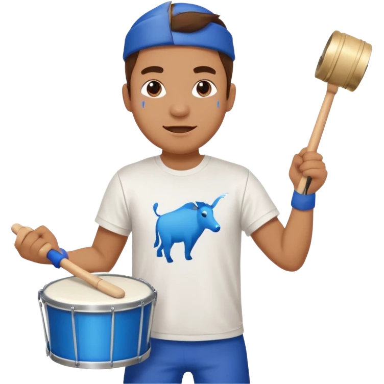 A loud fan, simple tee shirt with paint on his cheeks with a marching drum, beating it with enthusiasm emoji