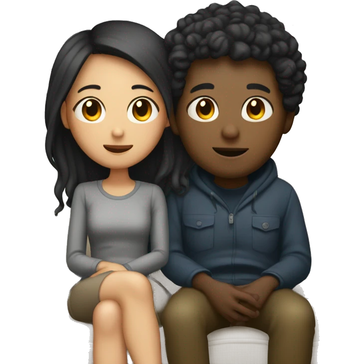 Asian girl, which has straight hair, and black boy, which had curly hair, as a couple cozying together on a couch watching a movie emoji