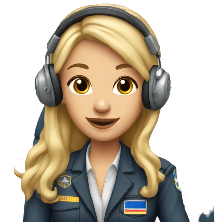 Blonde beautiful Pilot girl with long hair and headset sitting in the pilot cabin  emoji
