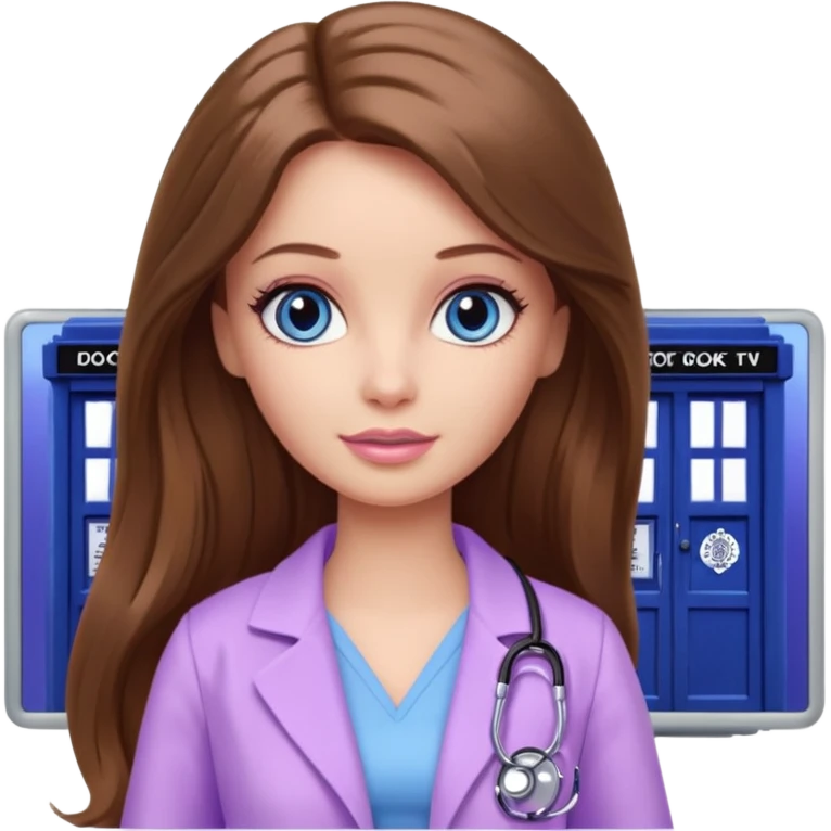 beautiful barbie girl with long brown hair, blue eyes and wearing light purple clothes watching tv show doctor who emoji