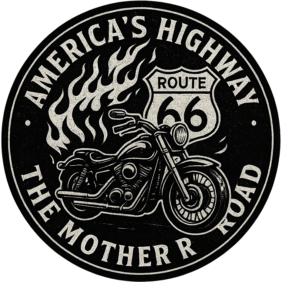 circular design for motorcycle cap, transparent background, text 'AMERICA'S HIGHWAY - ROUTE 66 - THE MOTHER ROAD', motif: flame, motorcycle, Route 66 sign, dark style emoji