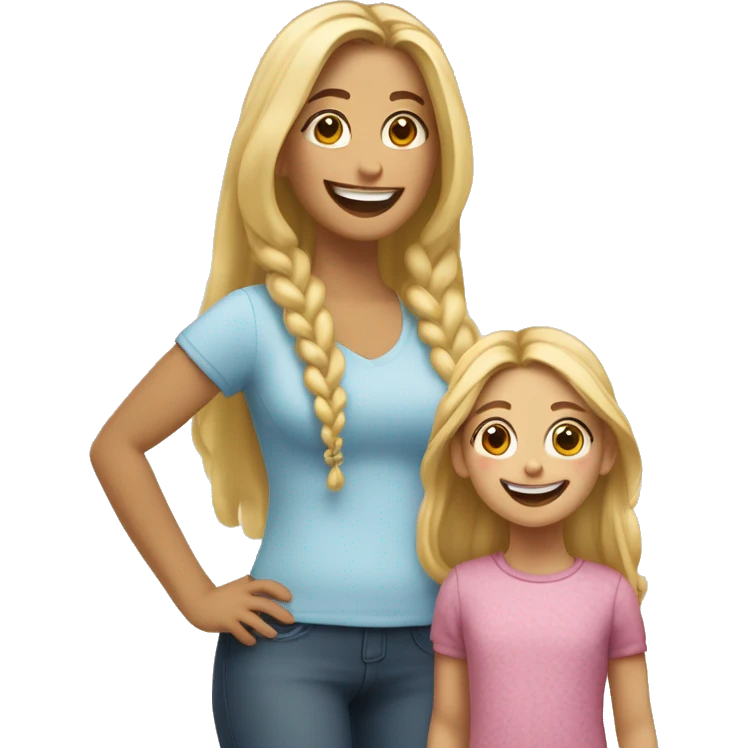An emoji of a blonde mother with very long hair and a cheerful expression, standing next to her 3-year-old daughter, a small girl with black hair styled in two braids, both smiling happily together emoji