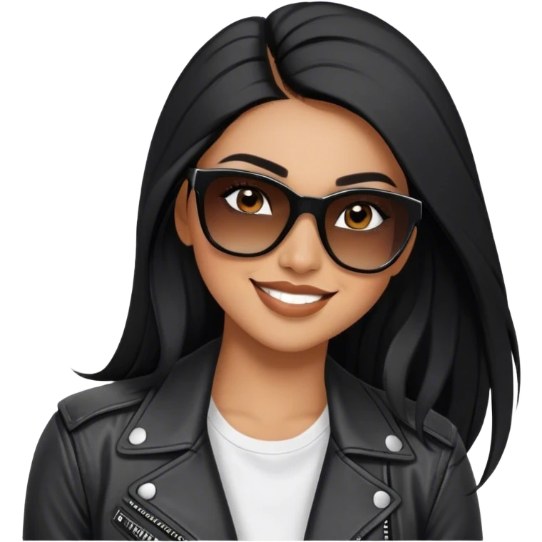 beautiful fit woman, with long straight black hair, with make up, black eye liner, smile mooth close, mexican, brown skin, wearing white tee, wearing leather black jacket, solar black wayfarer on the tip of the nose emoji
