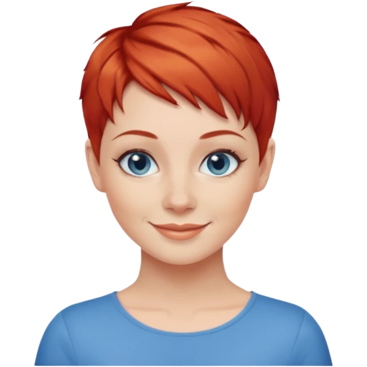 27 year old white woman, red hair, pixie cut, blue eyes emoji