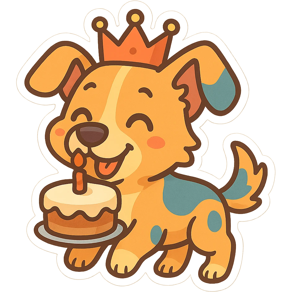 playful dog with a birthday crown, holding a cake in its mouth, colorful and fun, minimal background emoji