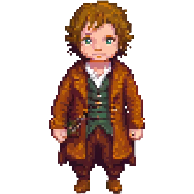 Whole body image of bilbo baggins from the lord of the rings  in pixel art style and formatted to fit emoji size for later adding to slack app emoji