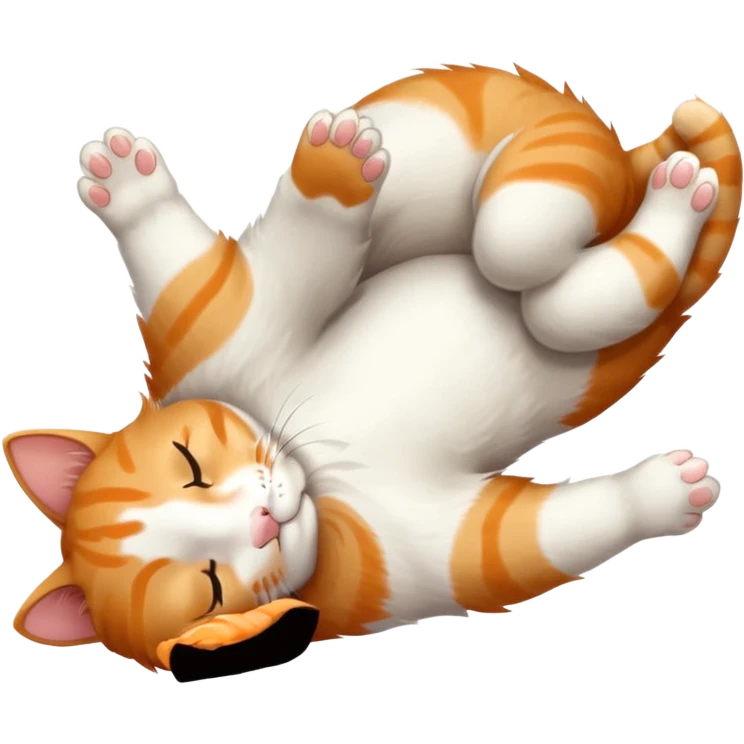 ginger and white small cat eyes closed lying down upside down with paws stretched out in different directions emoji