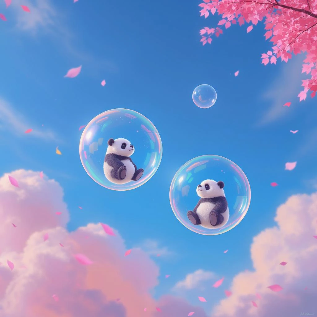 Realistic, Minimalistic Cinematic still of pandas bears sitting inside flying bubbles, blue sky filling background , pink clouds, pink leafs falling around, disney style emoji