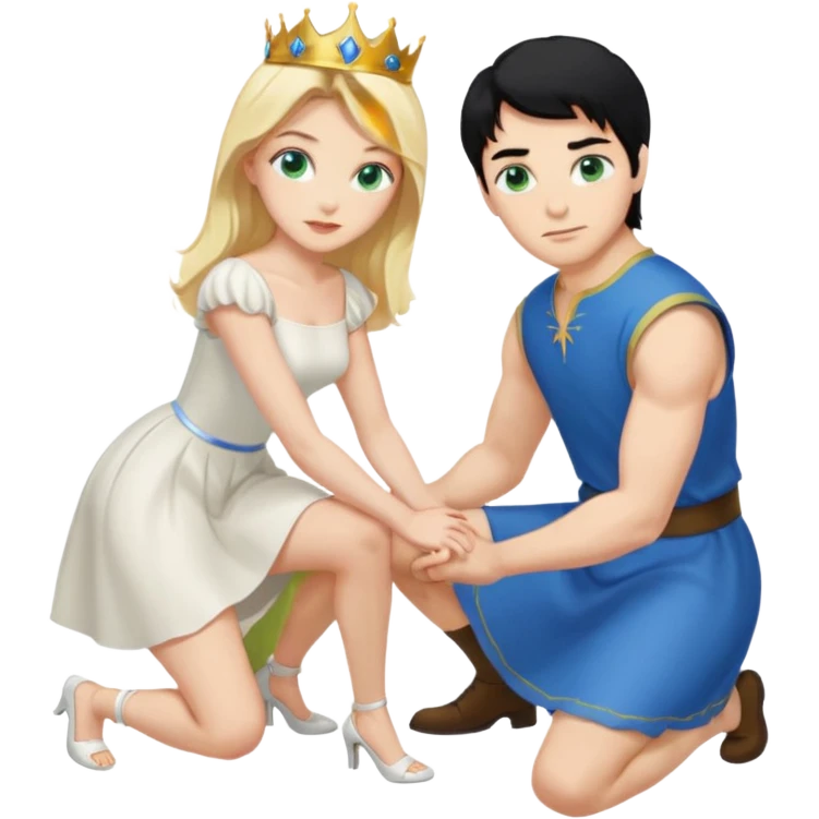 King, man, black Hair, blue eyes, whole body, Woman, bending knees, blonde, green eyes, White Dress, emoji