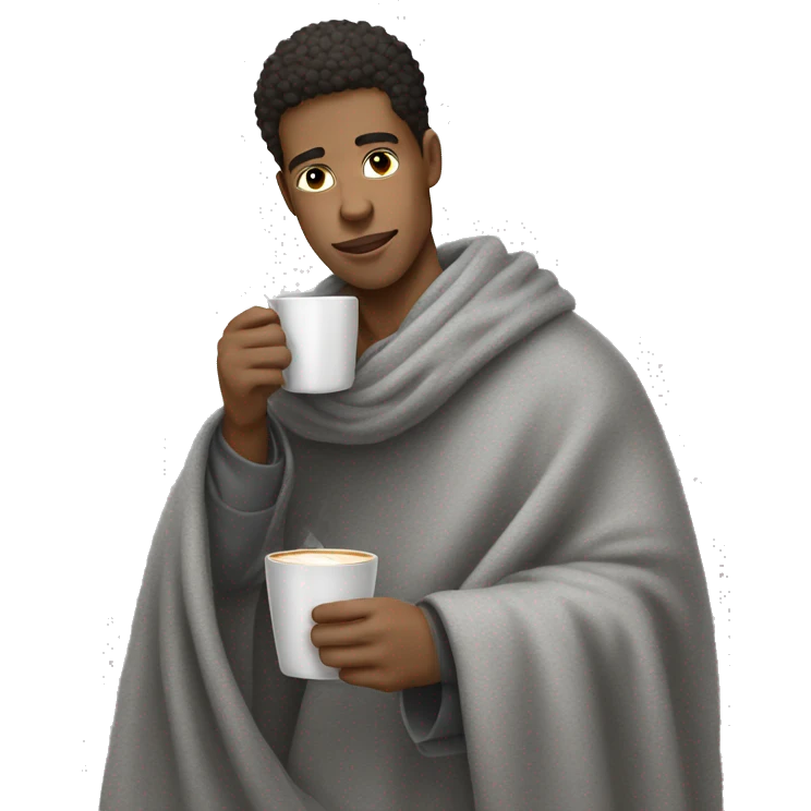Light skin man cozy in grey blanket sipping coffee emoji