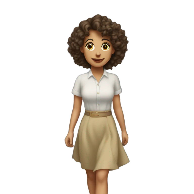 Pretty brunettes curly haired woman with a modest skirt and pretty blouse walking towards a house door emoji
