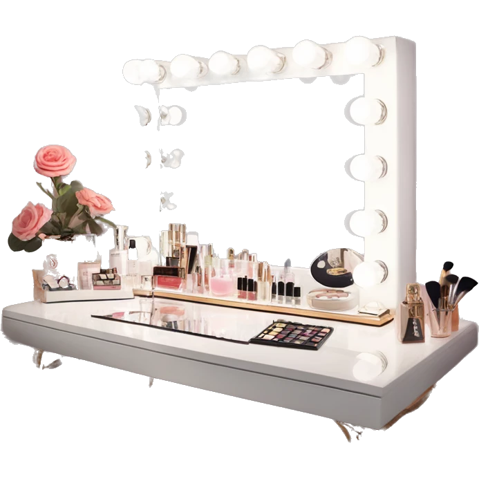 white makeup vanity with glass top and a hollywood style makeup mirror with bulbs around it. skincare and perfume on the desk neatly with white chair  emoji