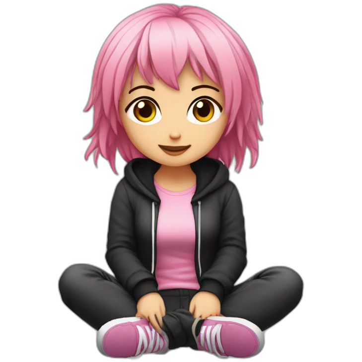 full body Front view curvy emo girl pink hair sits on the floor straight view hands up черная юбка белые трусики рваные полосатые чулки emoji