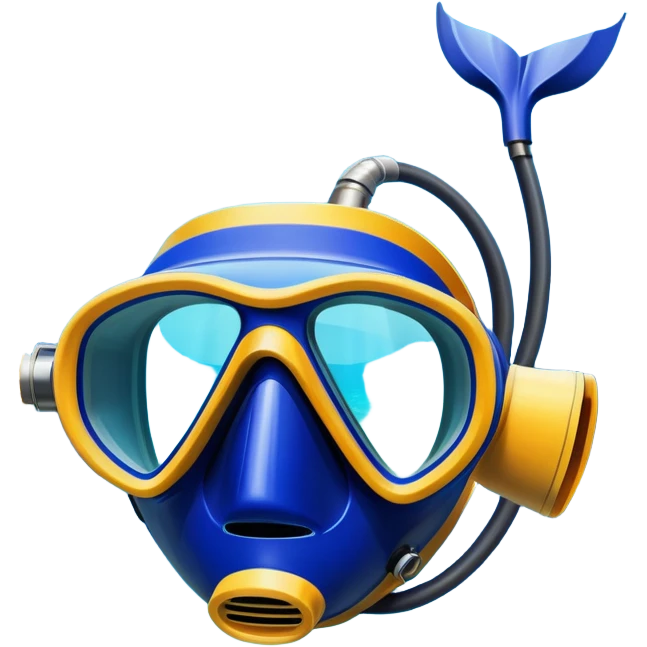 An icon featuring a close-up of a diving mask, snorkel, and fins floating on the surface of vibrant blue water. In the background, coral reefs and tropical fish create a lively underwater scene. Transparent background highlights the beauty and adventure of the diving experience. emoji