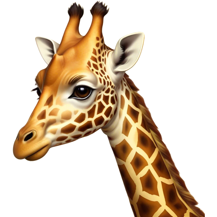 Cinematic Noble Giraffe Portrait Emoji, Poised and regal, with a towering, elegant build and a stunning, patterned Fur of warm yellows and browns, long, graceful neck and soulful, gentle eyes, Simplified yet sharp and sophisticated features, highly detailed, glowing with a soft, dignified glow, high shine, intelligent and graceful, stylized with an air of savannah majesty, focused and attentive, soft glowing outline, capturing the essence of a watchful and confident giant, so majestic it feels as though it could stretch out of the screen with effortless authority! emoji