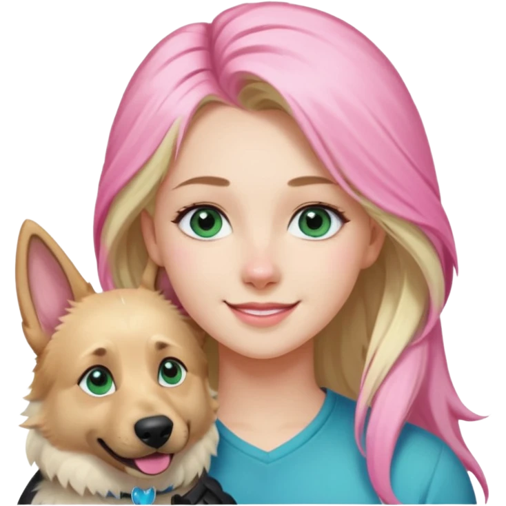 White European young woman with blue-green eyes and long blond hair with 1 pink streak in her hair with her white German Shepherd dog with pink nose and short fur emoji