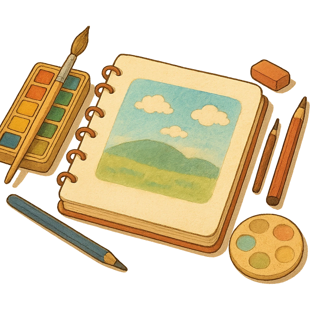 ghibli style illustration of a sketchbook with art supplies, warm and inviting emoji
