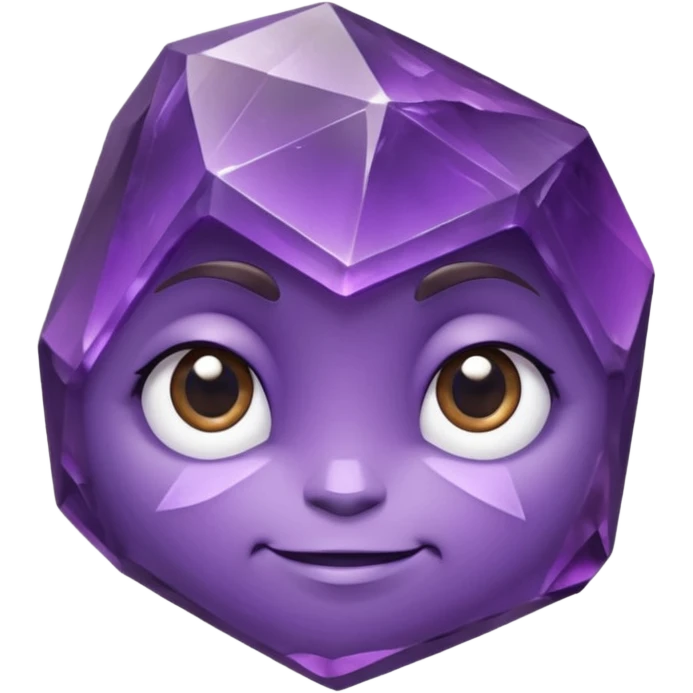 One amethyst-purple faceted rock head character, chunky and rock-like, with irregular facets and a few visible chips, big glossy eyes looking slightly up and a gentle smile, 3D render, high detail, soft rim light, isolated on dark background. emoji