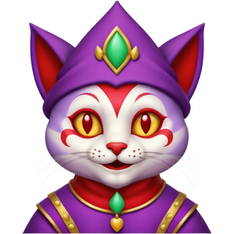 crazy colorful cute little cat jolly joker from poker, medieval, vintage, court jester, mac os icon, purple and red color, half body emoji