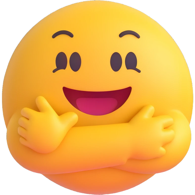 cute, happy, bodyless round 3D emoji with hug motif, smiling, friendly, transparent background, 512x512 px emoji