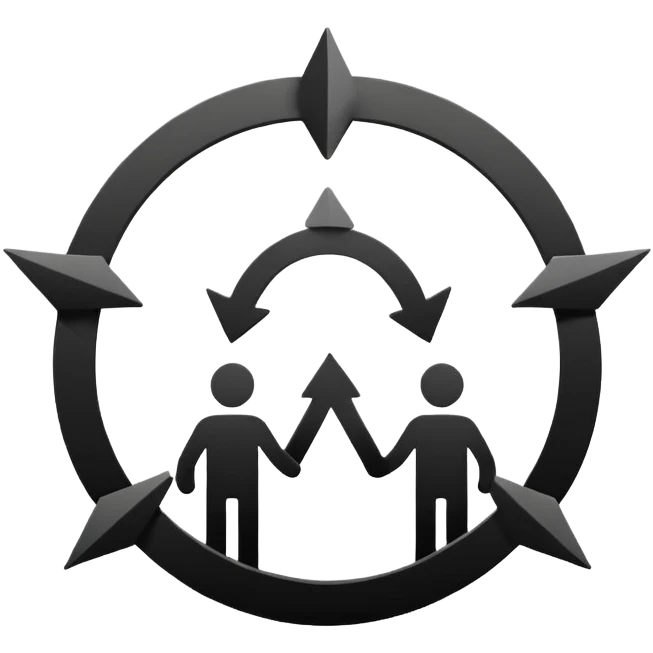Minimalistic flat vector icon, iOS style, thin black contour on white background. Three people silhouettes connected by circular arrows, symbolizing Scrum teamwork. Clean, no text, no shadows emoji