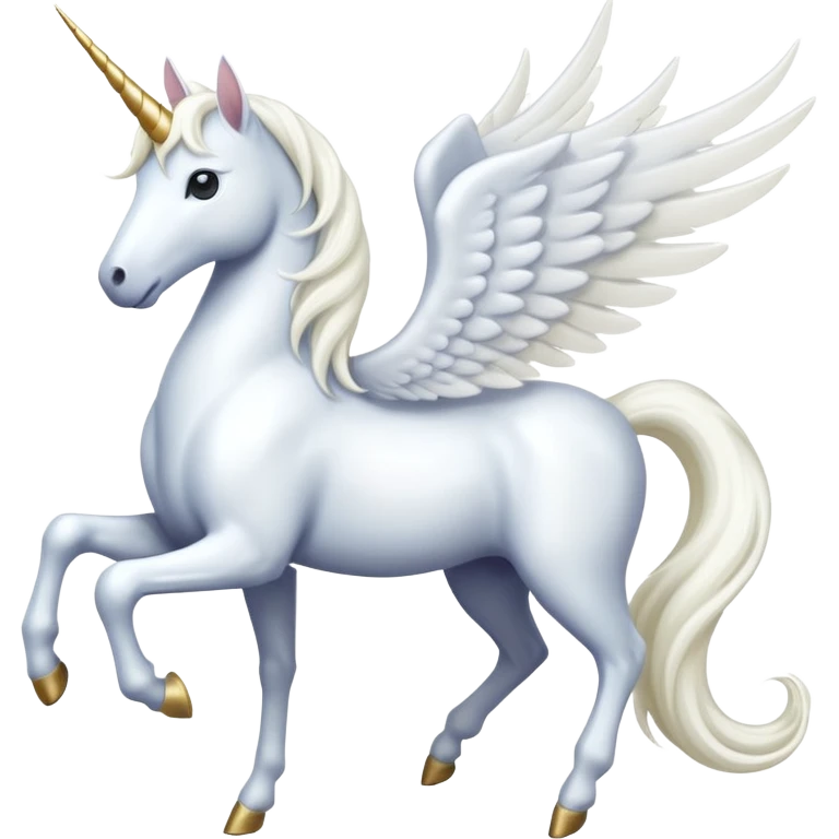 All white Cinematic Noble Unicorn with wings, slender with a flowing mane and tail and spiraled horn emoji
