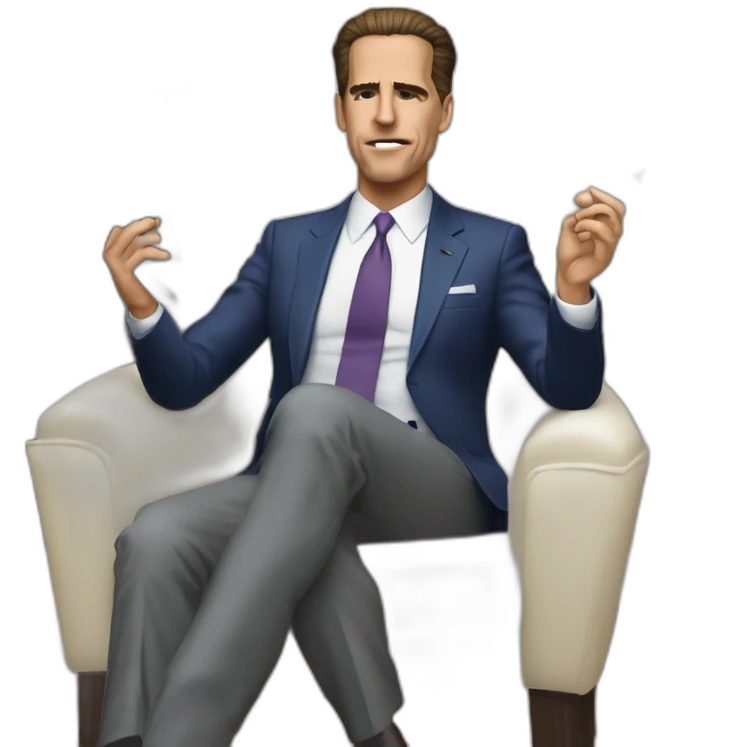 hunter biden wearing only a bikini sitting in a chair acting out the basic instinct scene (full body, apple ios17) smoking a clear pipe emoji