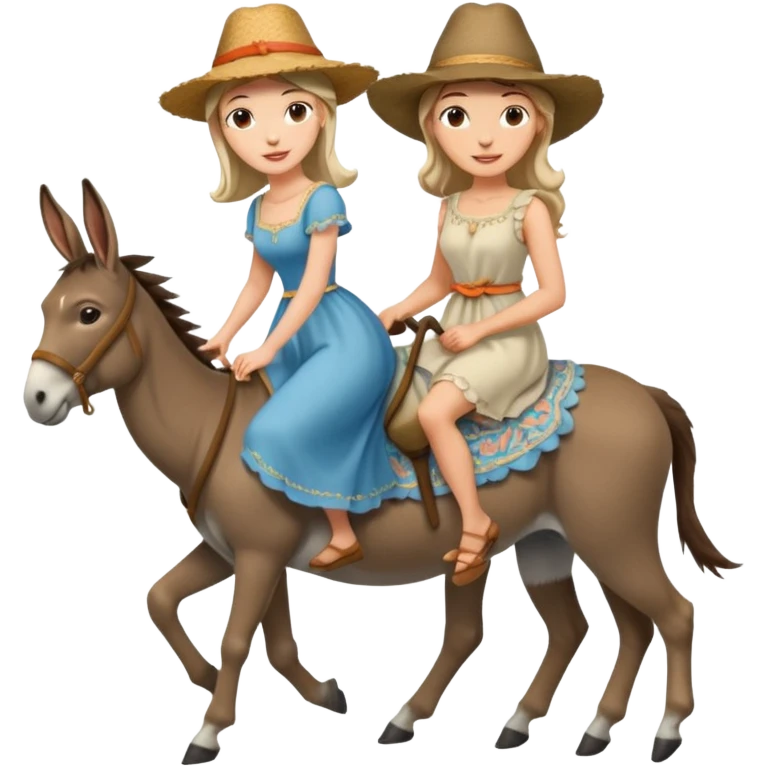 a lady on a donkey while the man is walking alongside the donkey emoji