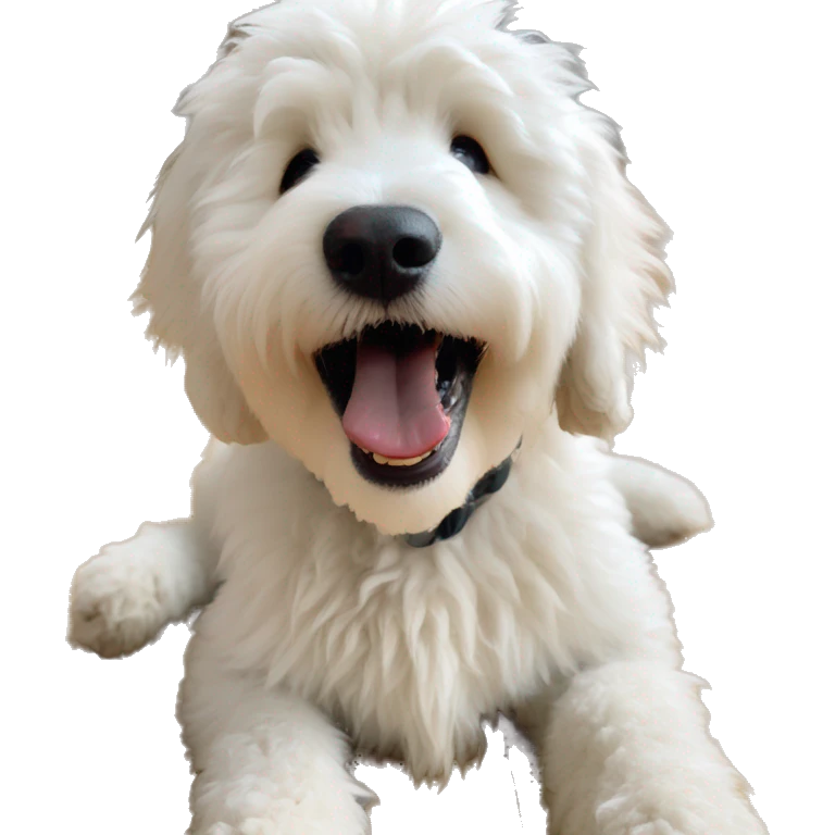 Fluffy white golden doodle on a wooden floor with mouth open emoji