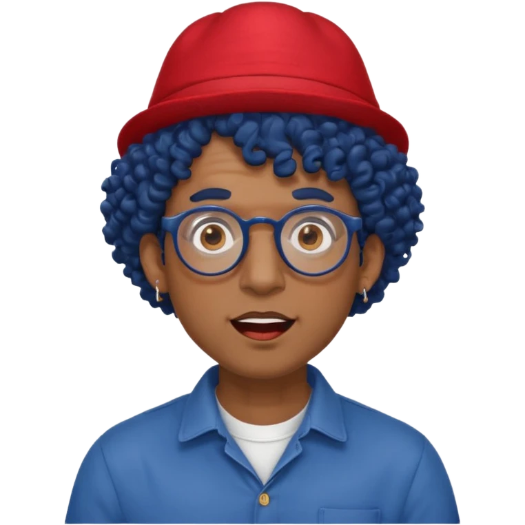 dark blue haired man curly hair and red earrings and spectacles surprised and hat wearing emoji