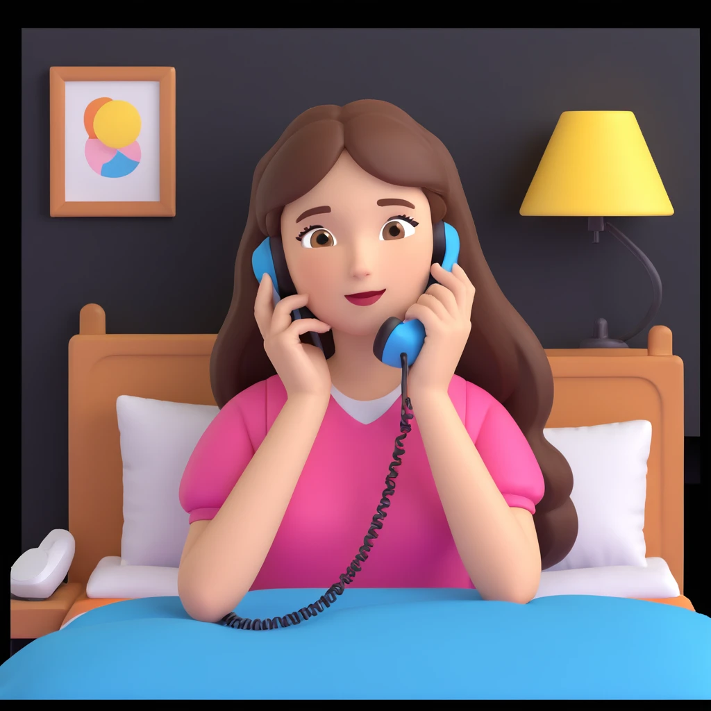 girl talking on phone bedroom background, close up pose emoji