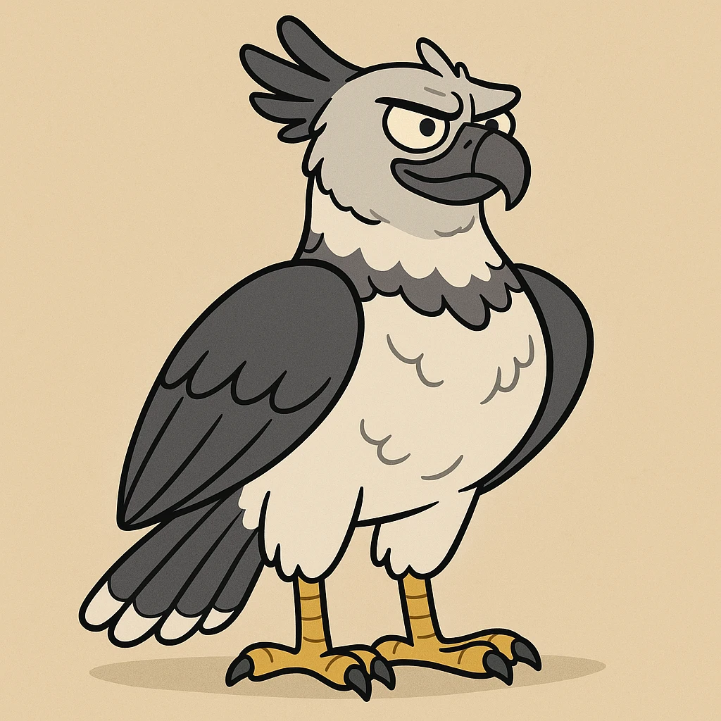 A Harpy Eagle, stylized cartoon, bold lines, expressive face, standing proudly emoji