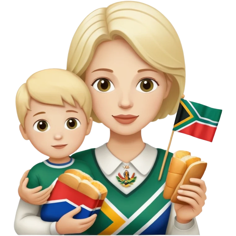 White Lady with son eating white bread and holding South African flag  emoji