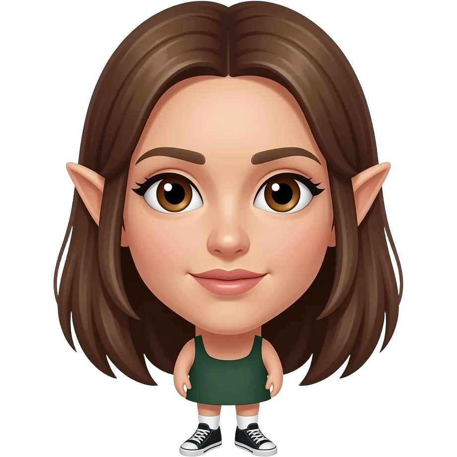 A white/fair skinned woman with brown hair, brown eyes and pointy ears, and wearing a dark green dress with white socks and black sneakers. emoji