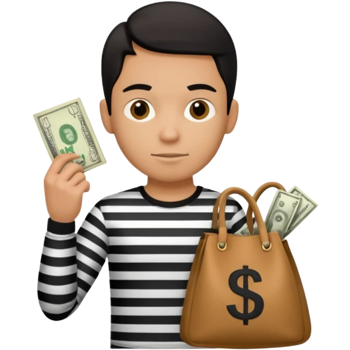 emoji style thief in black and white striped shirt, clutching a bag with a dollar sign emoji