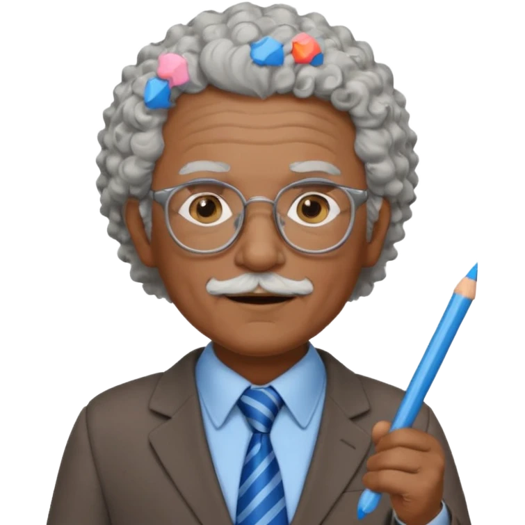 old man teacher, brown skin, curly grey white hai, wearing glasses, brown suit, blue tie hold chalk on hand emoji