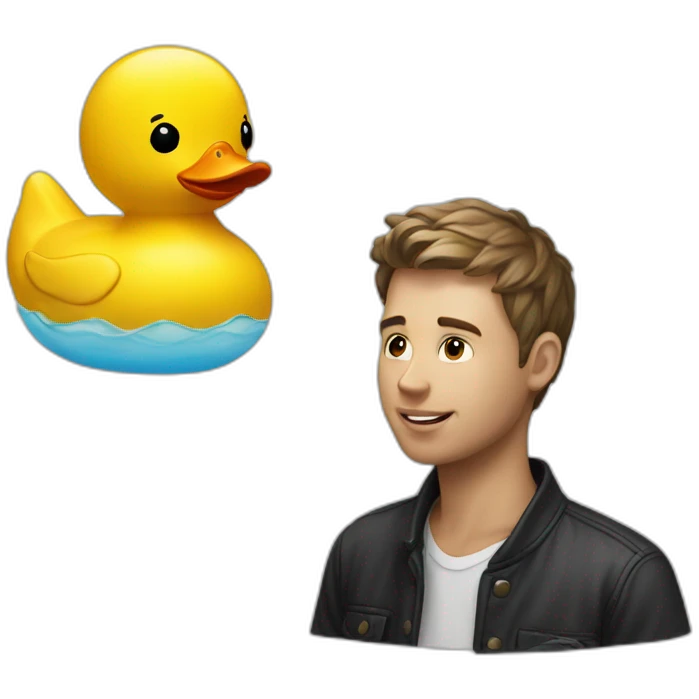 A white and young man talking to rubber duck emoji