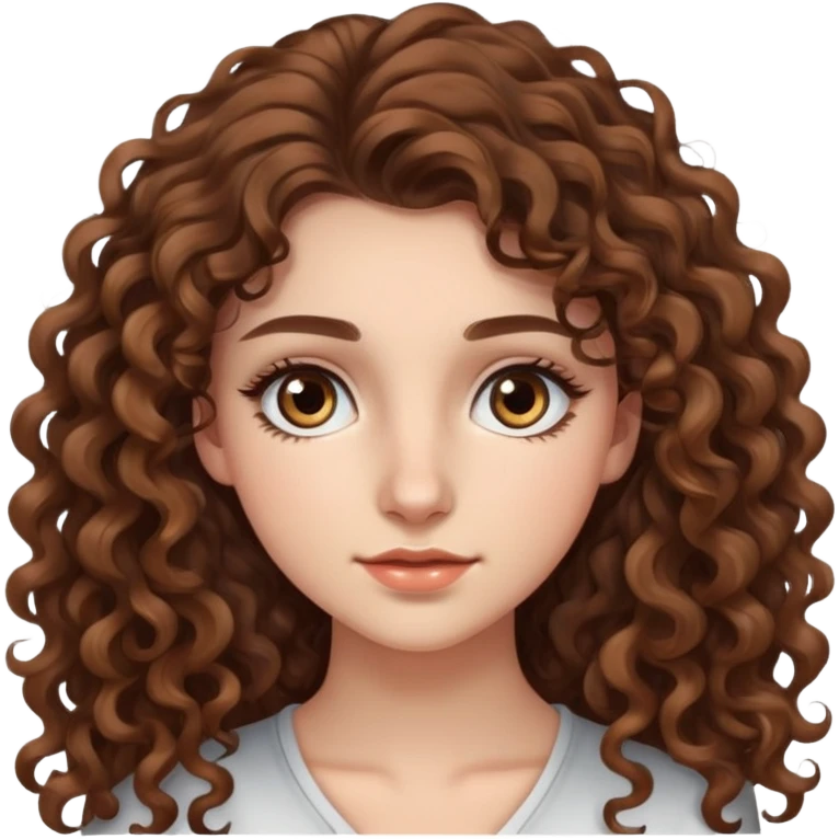 20-year-old woman with long curly brown hair, small hazel eyes, long eyelashes emoji